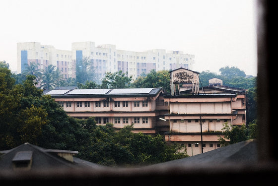 A view of a building through a window