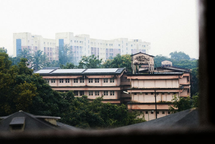 A view of a building through a window