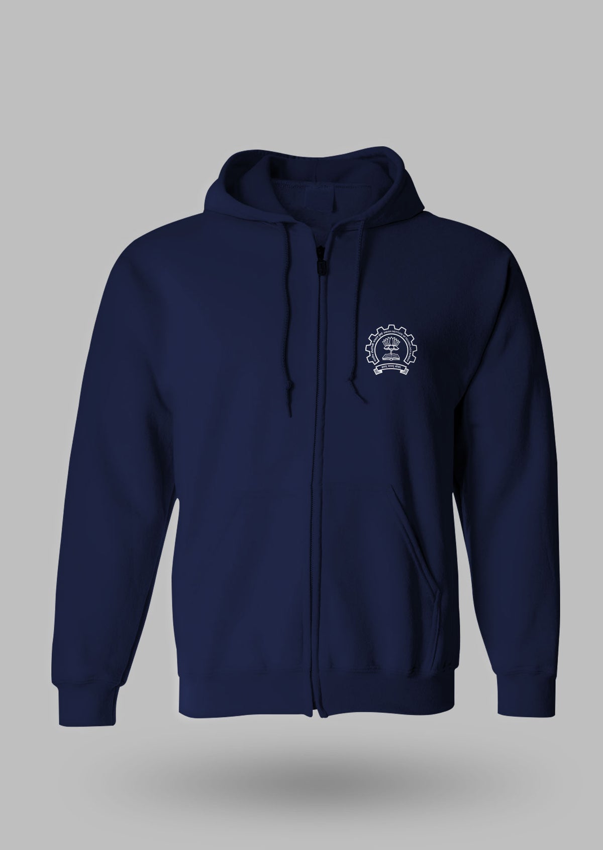 Navy blue Minimalist zipper jacket, IIT Bombay crest on the front